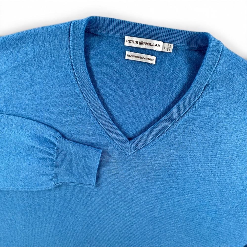 Peter Millar Sweater Mens Large Blue Cotton Cashmere V-Neck Pullover Long Sleeve